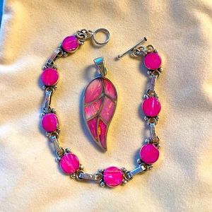Sterling silver and Fiery pink opal, pendant, and bracelet set.